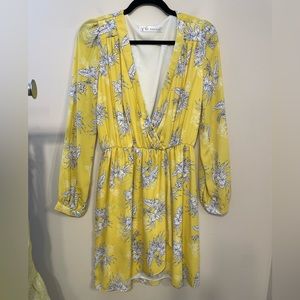 Honey Belle | Yellow White Black Floral Printed Faux Wrap V-neck Dress Large